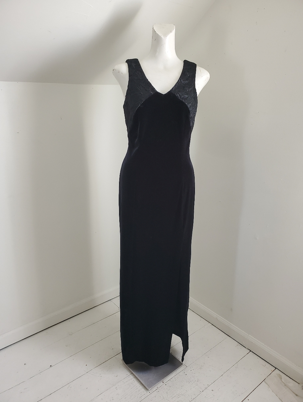 90s Vintage Black Stretch Velvet Pencil Dress Evening Gown Prom - Picture 4 of 10